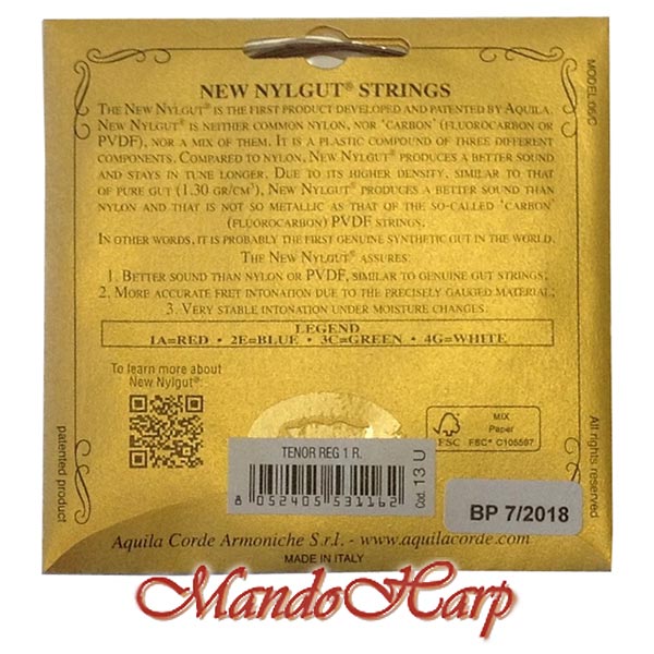 MandoHarp - Ukulele Strings - Aquila 13U Tenor, Regular High G, Wound C, 3 x Nylgut 