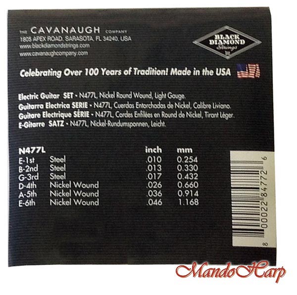 MandoHarp - Black Diamond N477L Electric Guitar strings. Nickel Round Wound. Light - 0.010