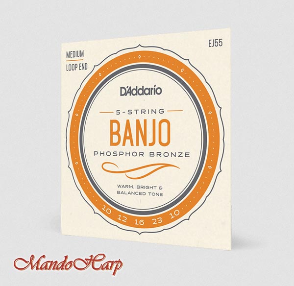 MandoHarp - 5-String Banjo Strings - D'Addario EJ55 Phosphor Bronze Medium Loop End 0.010-0.023