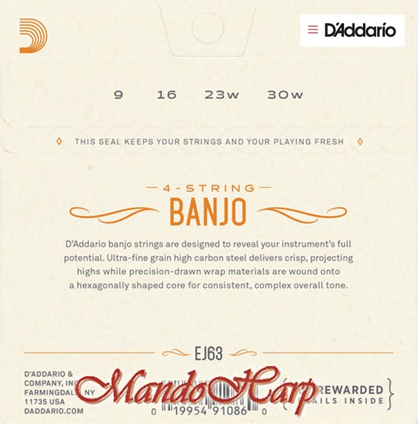 MandoHarp - 4-String Tenor Banjo Strings - D'Addario EJ63 Steel and Nickel-Plated Wound Loop End 0.009-0.030