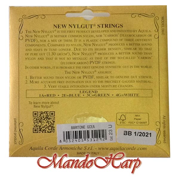 MandoHarp - Ukulele Strings - Aquila 23U Baritone, GCEA, High G, New Nylgut�