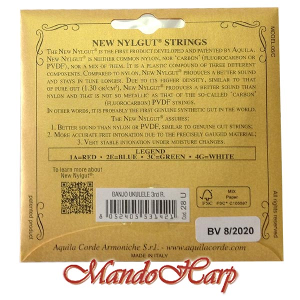 MandoHarp - Ukulele Strings - Aquila 28U Banjo Ukulele, GCEA, High G, New Nylgut�, Red Series� C