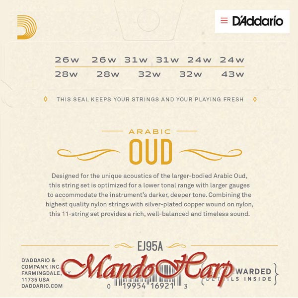 MandoHarp - 11-String Arabic Oud Strings - D'Addario EJ95A Silver-Plated Copper-Wound 0.026-0.043