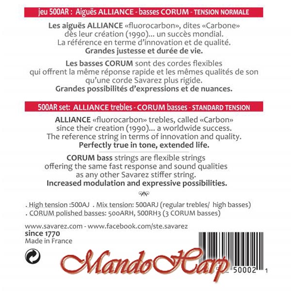 Savarez Corum 500AR Std Tension Classical Guitar Strings, Light - 0.024-0.043