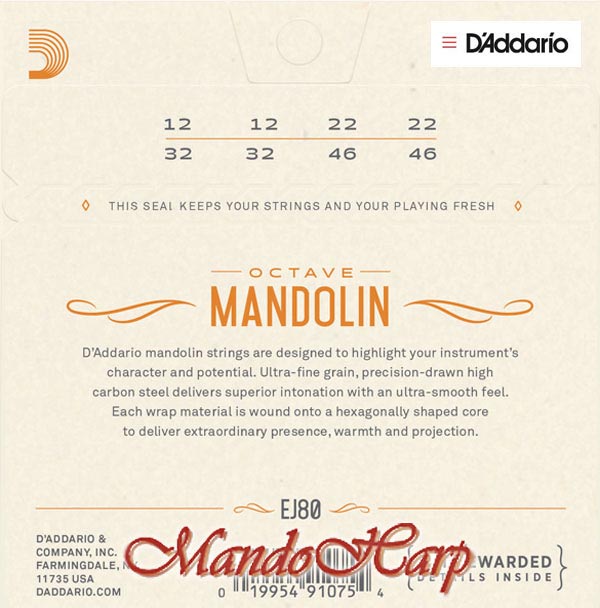 Octave Mandolin Strings - D'Addario EJ80 Loop End Phosphor-Bronze Wound Medium 012-046