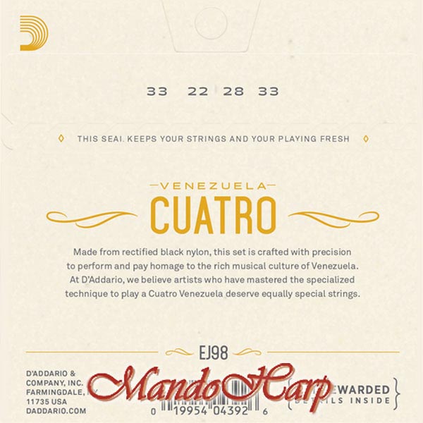 Cuatro-Venuezuela Strings - D'Addario EJ98 4-String, black nylon, ADF#B, 022-033